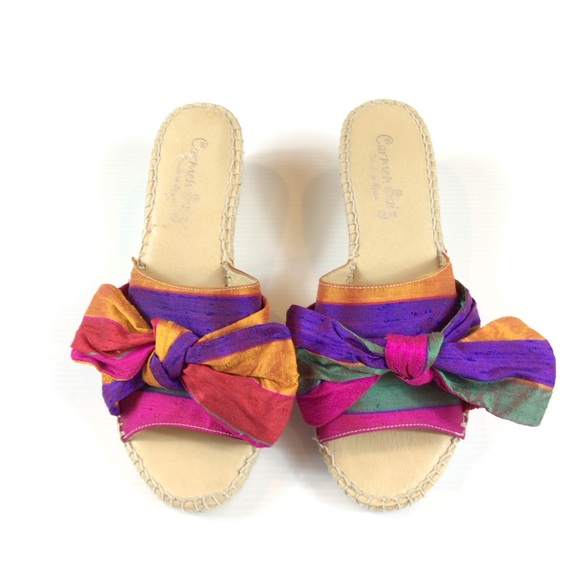 Carmen Saiz Espadrille Wedge Slide Sandals Bright Colorful Silk w/ Bow sz 39/8 - Picture 2 of 8